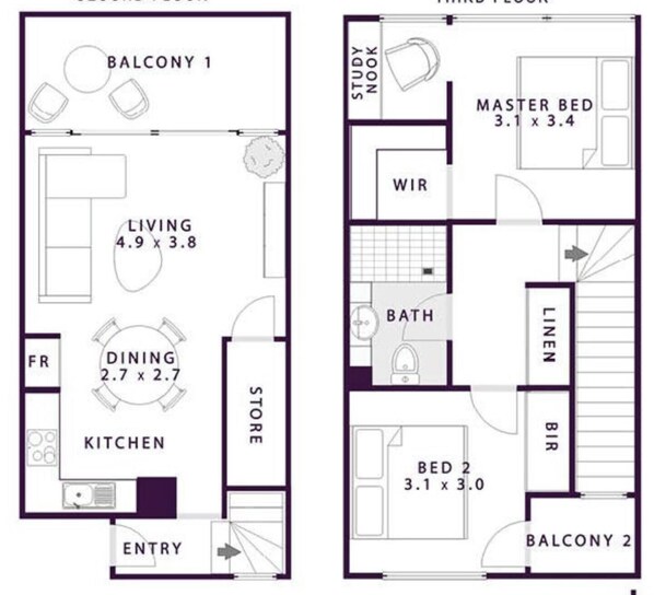 Plano de planta de un hotel que muestra una sala de estar, comedor, cocina y dos balcones.