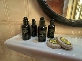 Chuveiro, secador de cabelo, roupões de banho, toalhas de banho