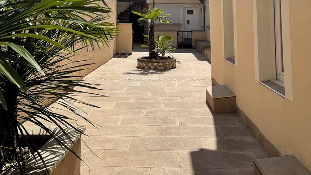 A narrow courtyard with a palm tree, a small planter with plants, and a tiled floor.