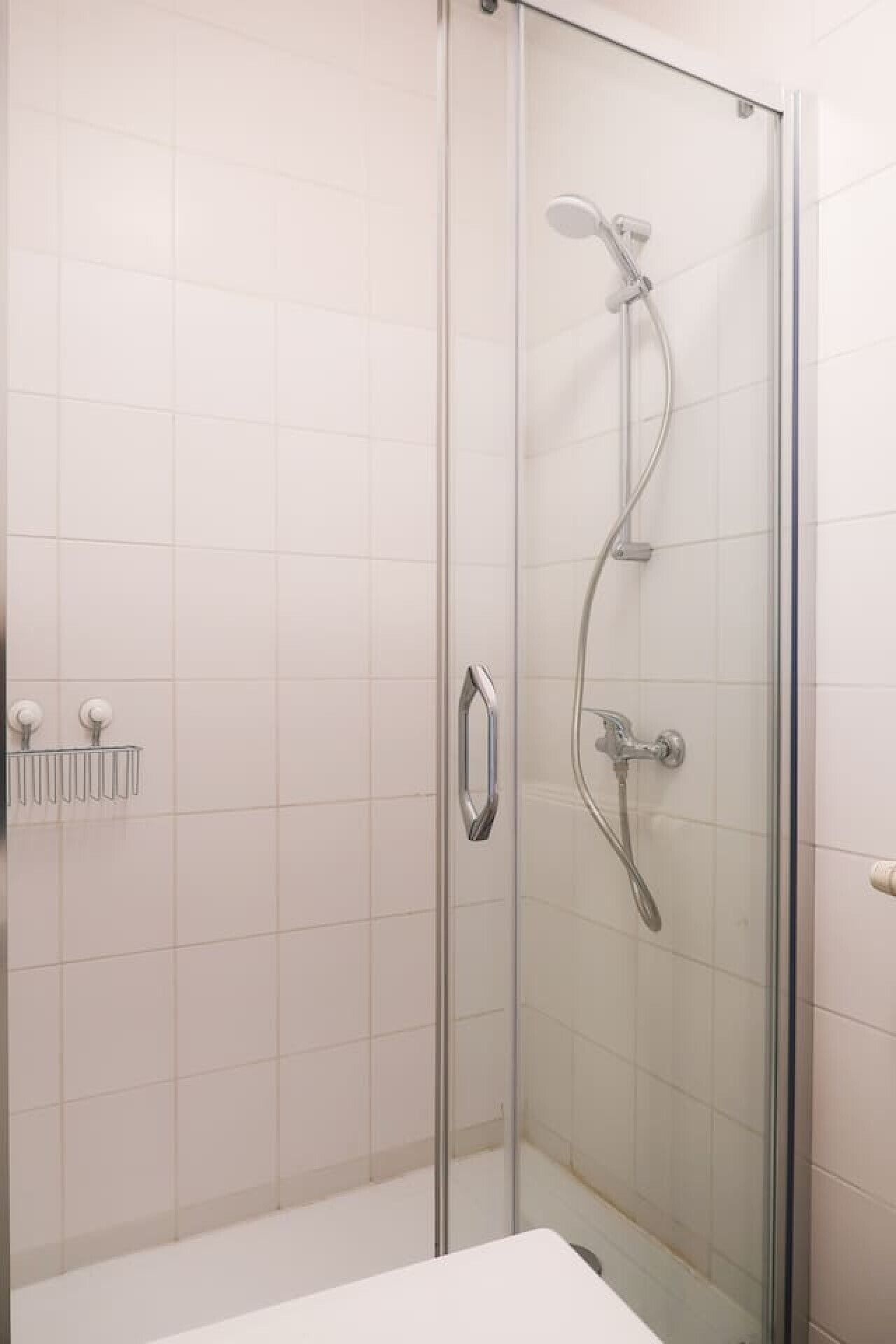 A glass-enclosed shower with a handheld showerhead and a wall-mounted faucet.