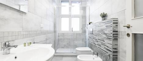 Shower, hair dryer, bidet, towels