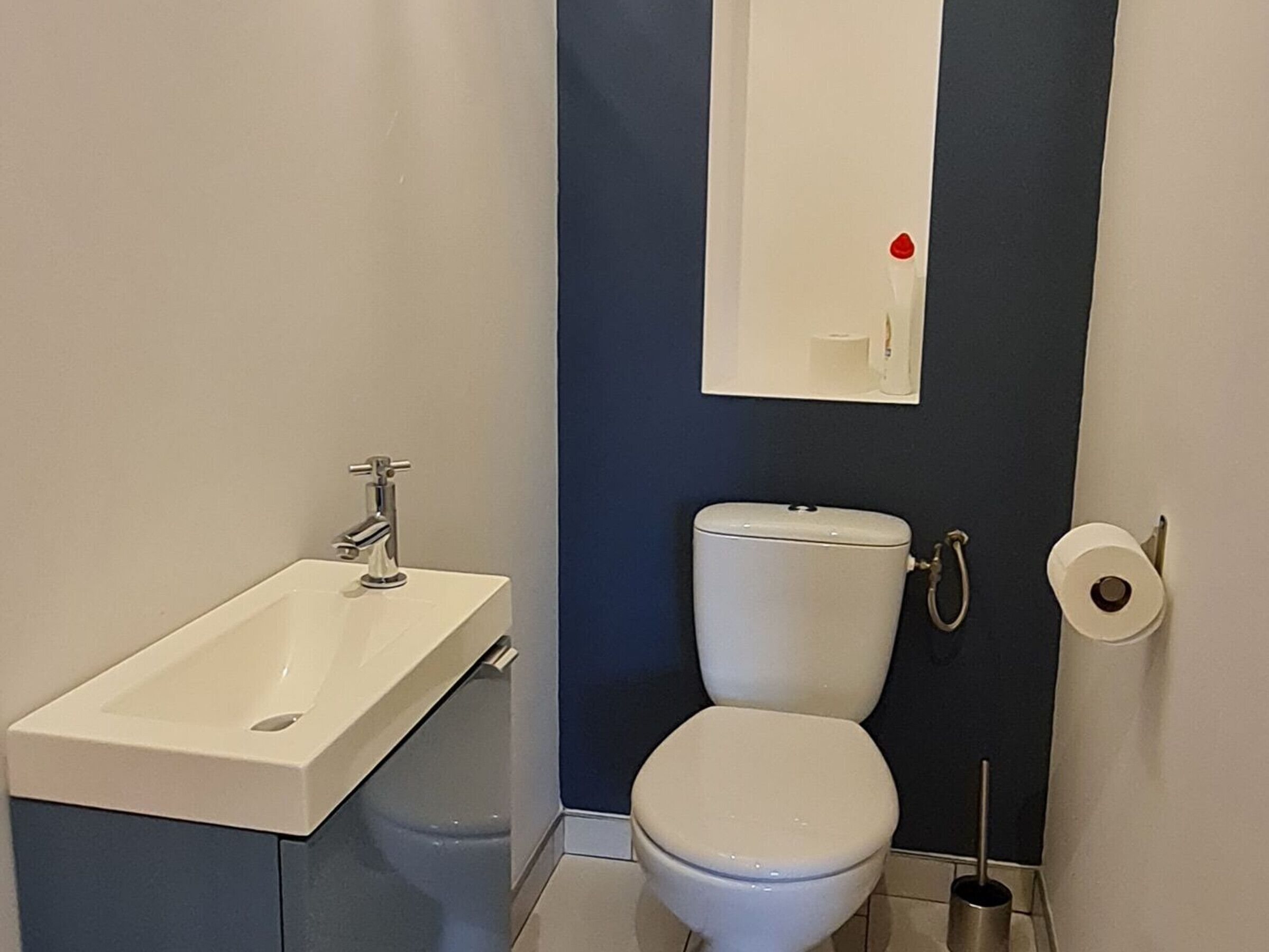 Uma casa de banho com uma sanita, um lavatório e um espelho.