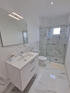 Shower, hair dryer, towels