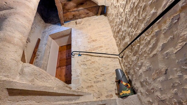 A narrow stone staircase with a metal handrail, leading to a wooden door at the top. - Cozy room in historic house with park and horse facility (Choye)
