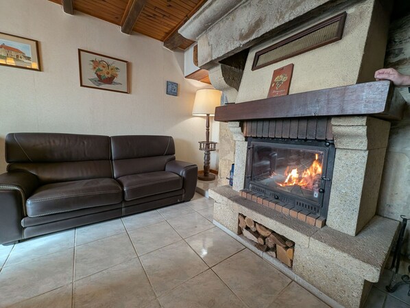 A living room with a fireplace, a sofa, and a lamp. - Cosy Rose Room with kitchenette and terrace (Melin)