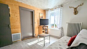 A bedroom with a bed, a TV, a wooden door, a window with curtains, and a radiator.