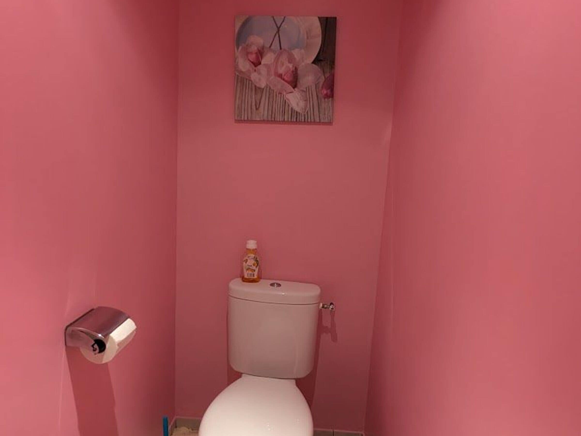 Une salle de bain avec des murs roses, des toilettes blanches, un porte-rouleau de papier toilette et un petit flacon posé sur le réservoir des toilettes.
