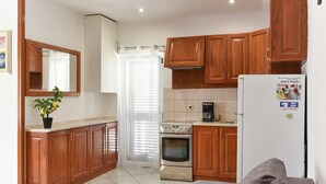 Une cuisine compacte avec des meubles en bois, un four encastré, un réfrigérateur et une plante en pot.