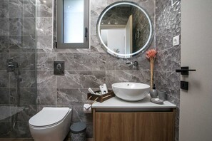 Douche, articles de toilette (gratuits), séchoir à cheveux