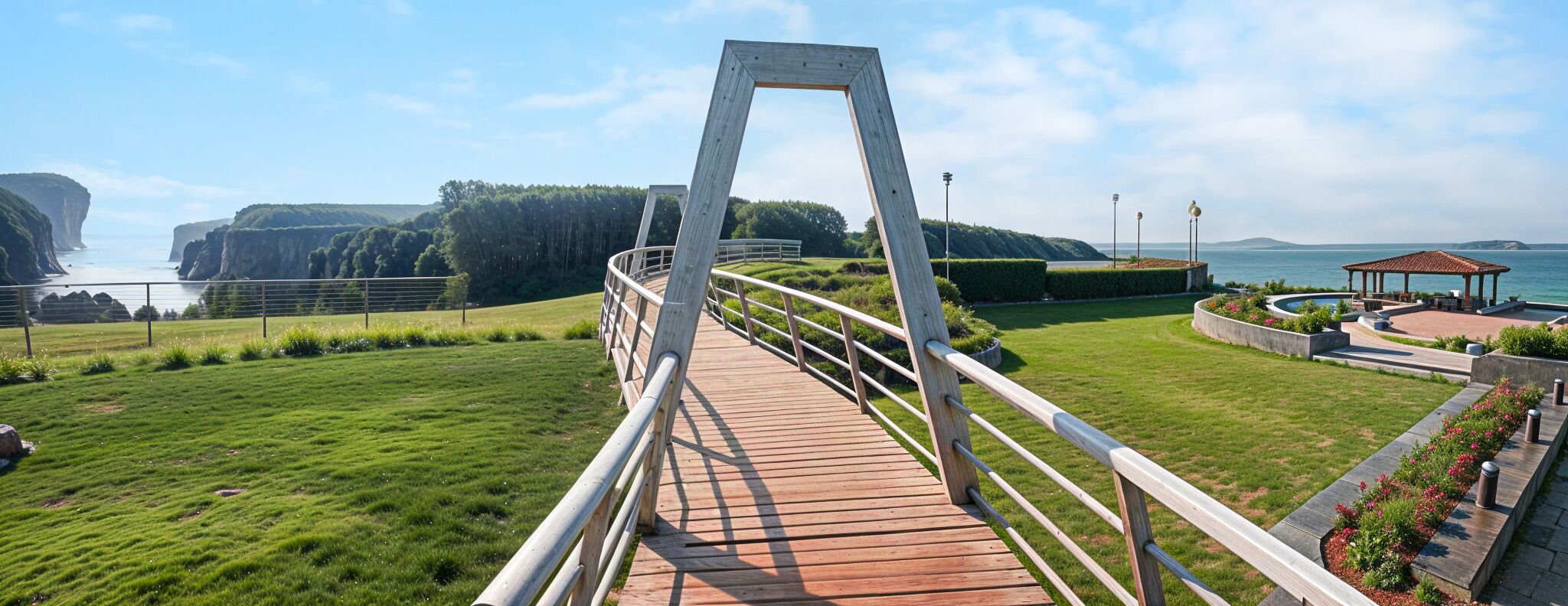 Un puente peatonal de madera con barandillas de metal, que lleva a un área ajardinada con un mirador y vista al mar.