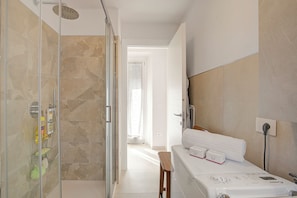 Shower, hair dryer, bidet, towels