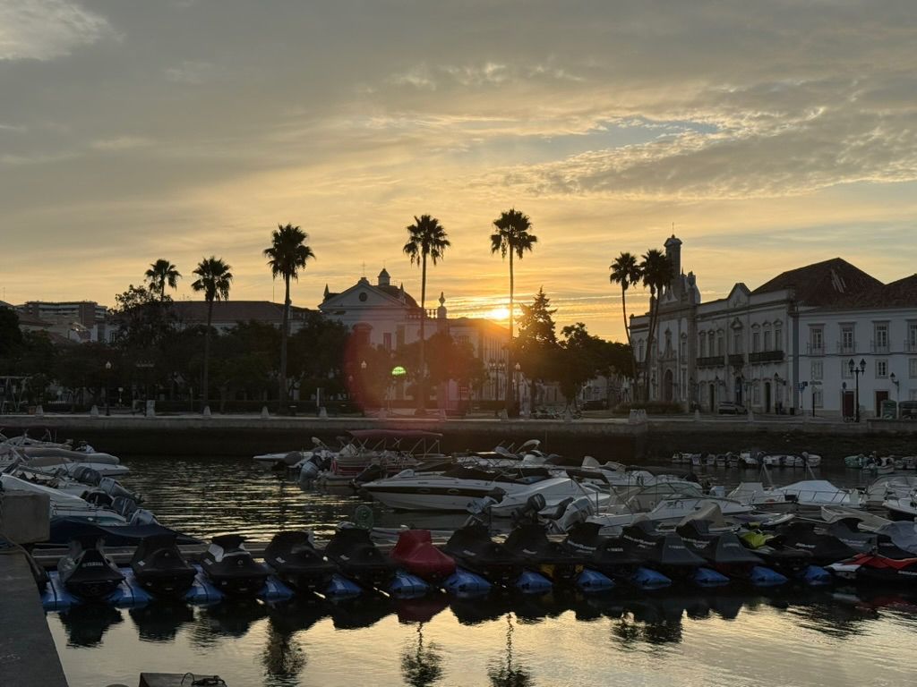 Eine Marina mit vertäuten Booten, ein Sonnenuntergang im Hintergrund und Gebäude entlang des Ufers.