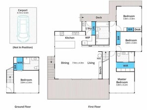 A floor plan with a ground floor bedroom, dining area, kitchen, WIP, and a master bedroom.
