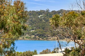 A coastal landscape with a clear view of the sea, a hill with scattered buildings, and dense greenery.
