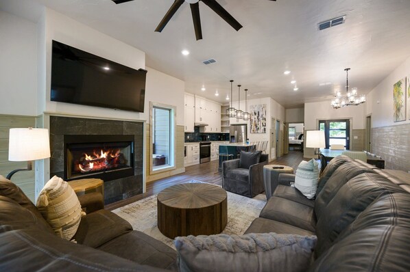 Smart TV, fireplace, foosball