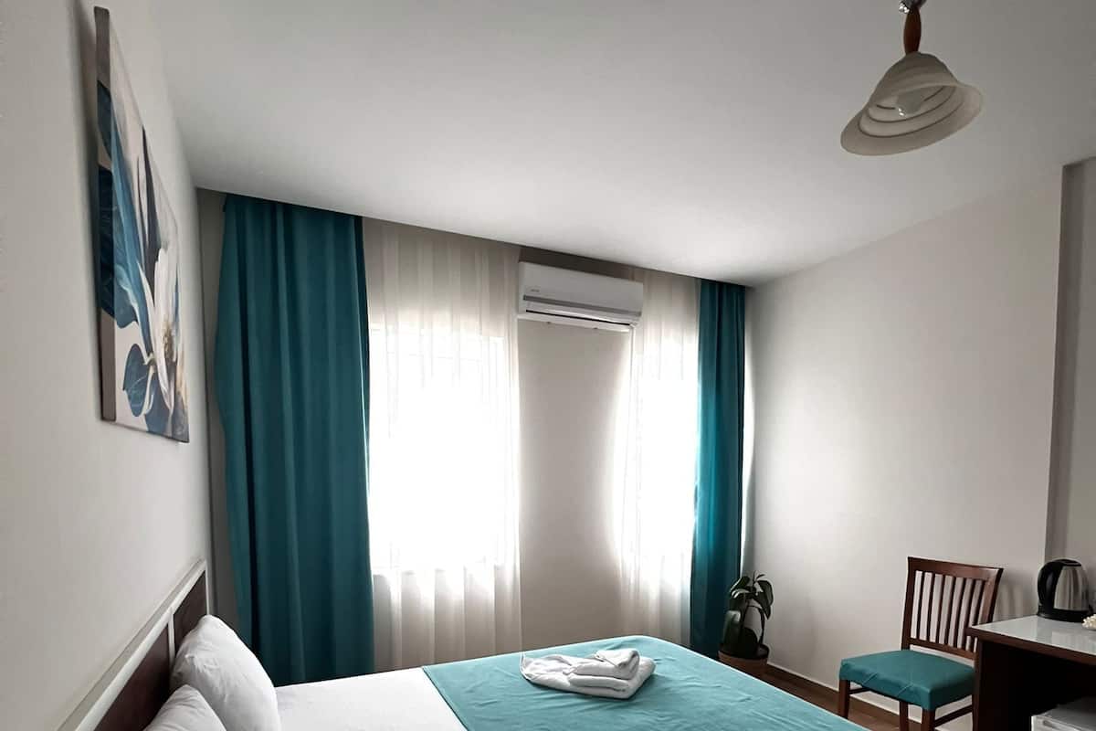 A hotel room with a bed, a desk, a chair, and a potted plant.