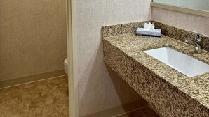 A bathroom with a granite countertop sink, a mirror, and a towel dispenser. - Mountainside Inn 115/117 2 Bedroom Hotel Room (Telluride)