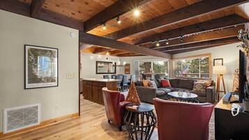 TV, fireplace, DVD player, foosball