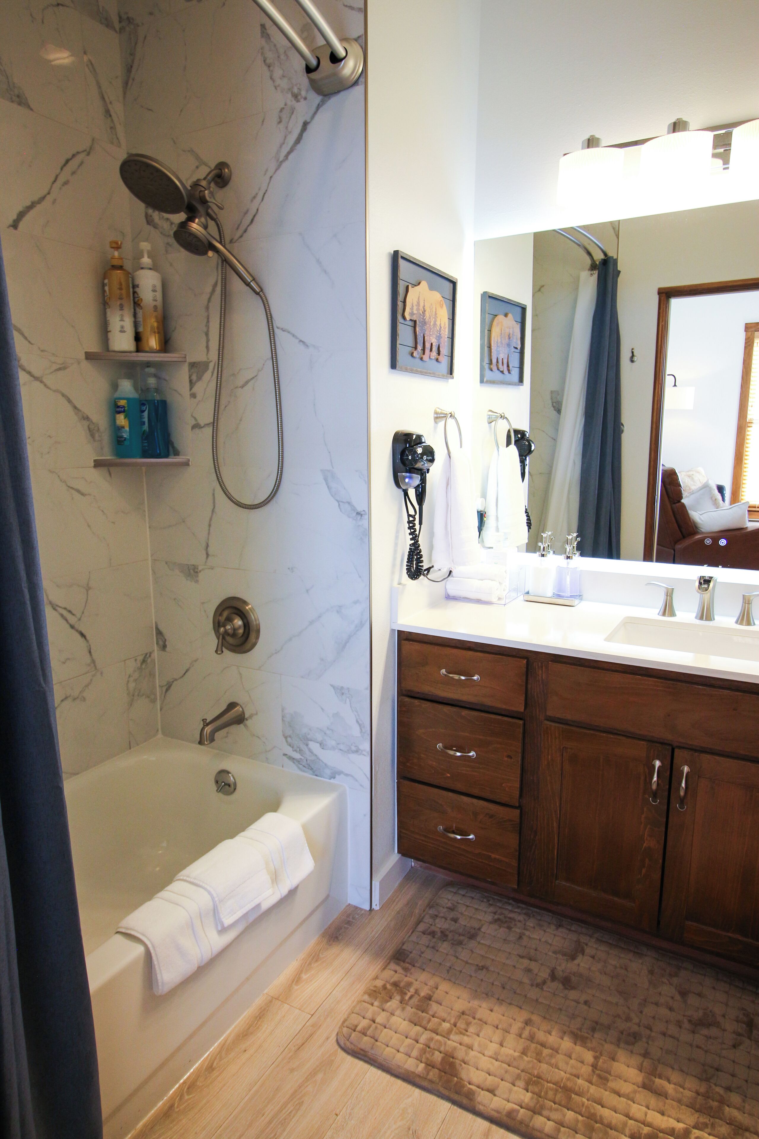 Hair dryer, towels, soap, toilet paper