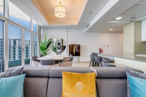 Elite Apartment, 2 Bedrooms, Sea View, Beachfront | Living area | 52-inch flat-screen TV with satellite channels, Netflix, Hulu - Globalstay Luxury Azizi Mina Beachfront  (Dubai)