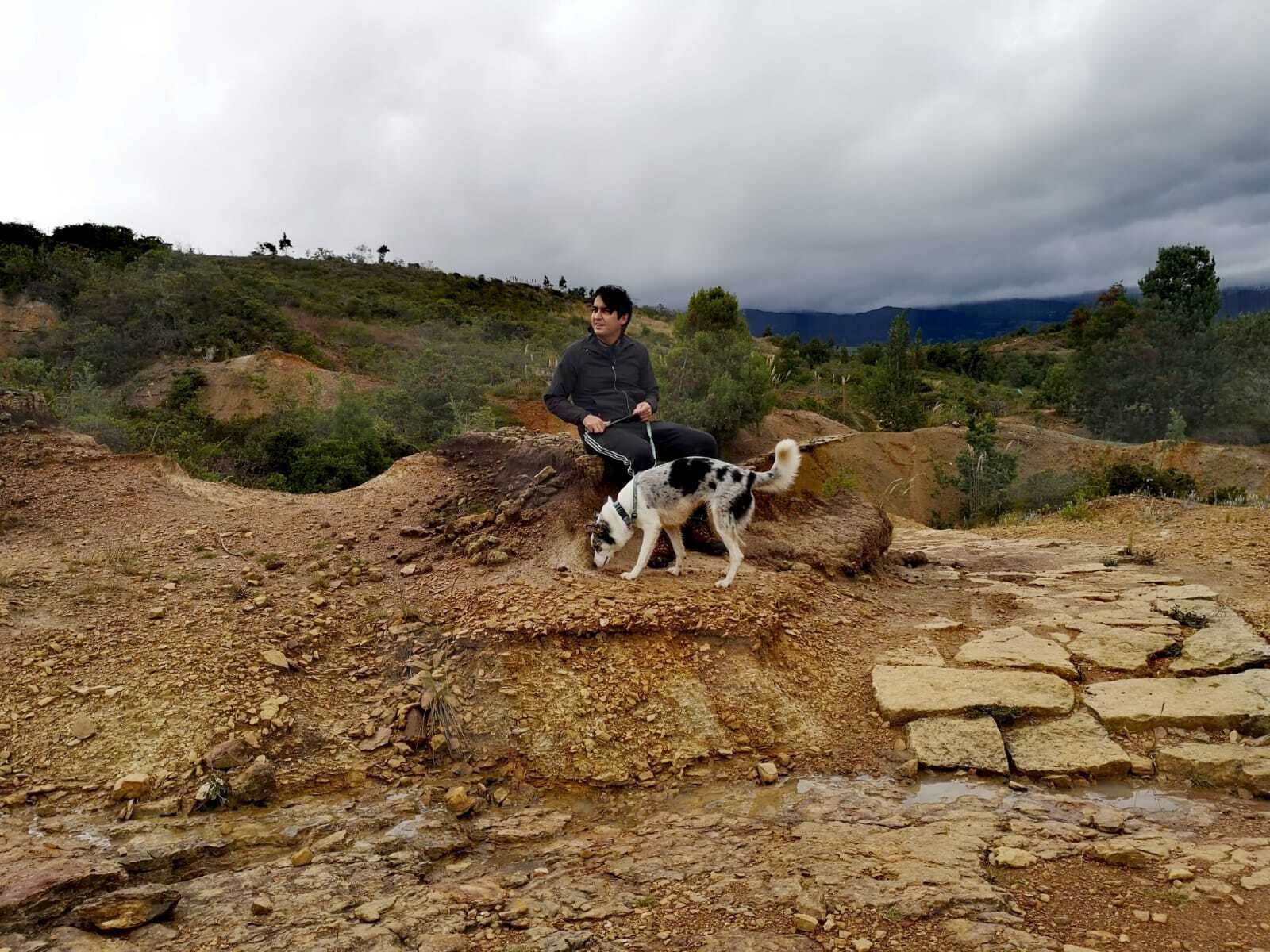 A person sitting on a rocky outcrop with a dog, surrounded by a natural landscape with hills and trees.