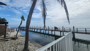 A wooden pier extending over calm water, surrounded by palm trees and a clear sky.