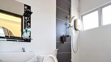 Combined shower/tub, free toiletries, hair dryer, towels