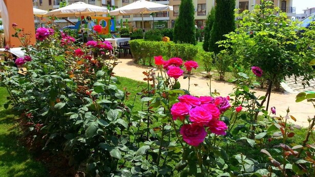 A hotel courtyard with a garden, outdoor seating, and a building with balconies. - Menada Paradise Dreams Apartments (Sveti Vlas)