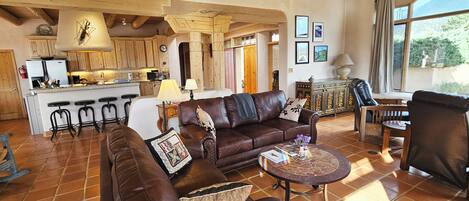 TV connectée, cheminée, lecteur de DVD, livres