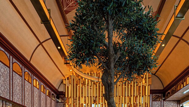 Un hall con un árbol grande en maceta, zonas de estar y un bar.