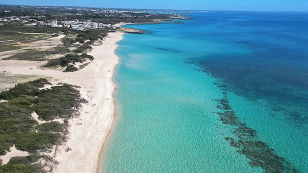 An aerial view of a coastal area with a sandy beach, clear turquoise waters, and a backdrop of residential buildings. - 4215 Villa I Doni Della Luna by Barbarhouse (Porto Cesareo)