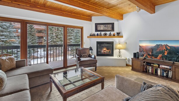 Una sala de estar acogedora con chimenea, televisor y estantería.