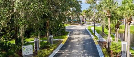Carretera que conduce a una zona cerrada con un cartel que dice 'Palms Resort' y el número 3100.