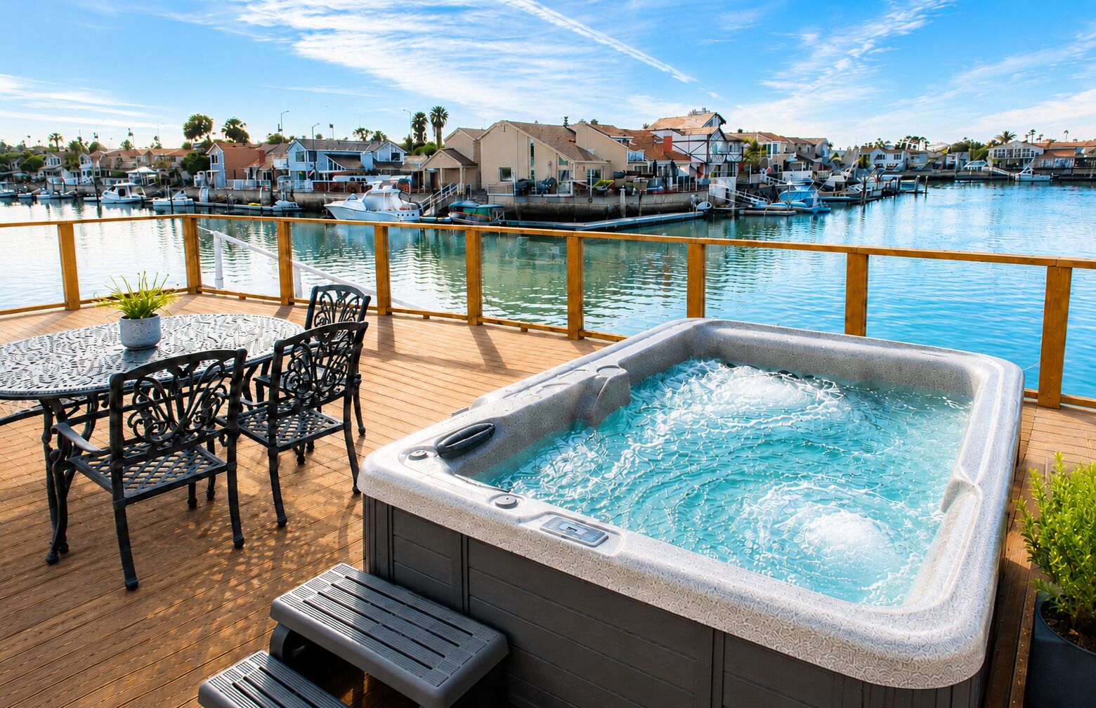 A hot tub on a wooden deck with a view of a marina and houses in the background.