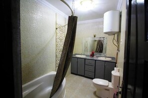Hair dryer, towels, soap, shampoo