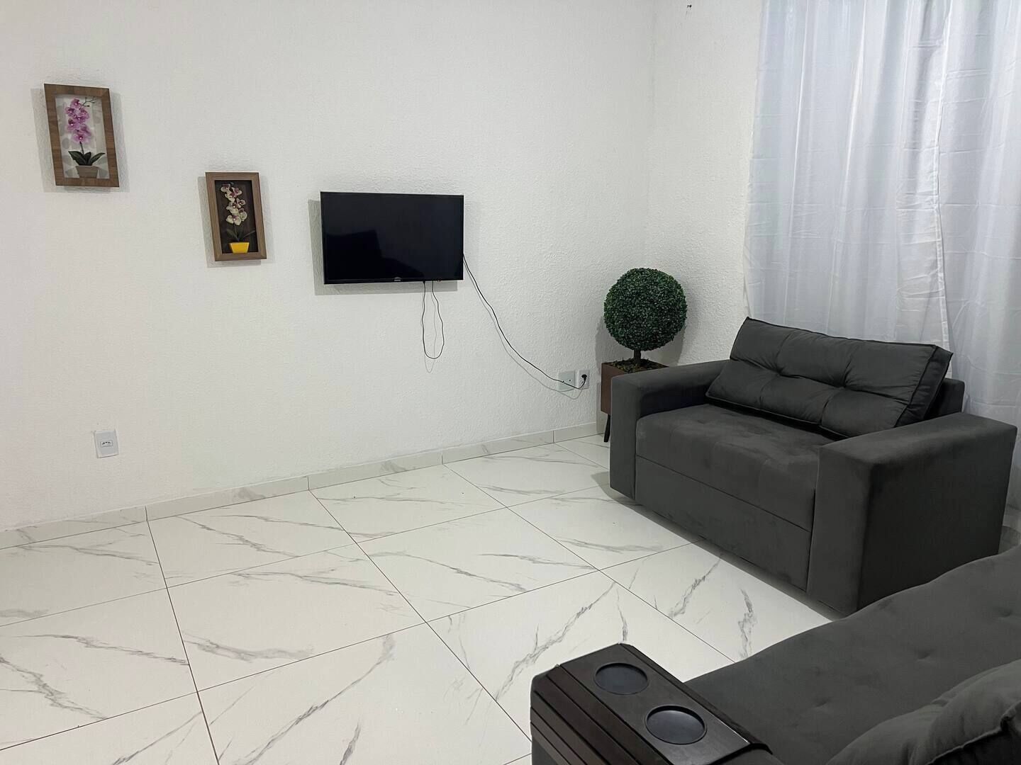 Ein Wohnzimmer mit grauem Sofa, einem Wand-Fernseher und einem kleinen Topfpflanzen.