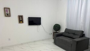 A living room with a grey sofa, a flat-screen TV mounted on the wall, and a small potted plant. - 2Next Confins Airport, Cid Galo, 15minBH, Mega Space  (Centro Vespasiano)