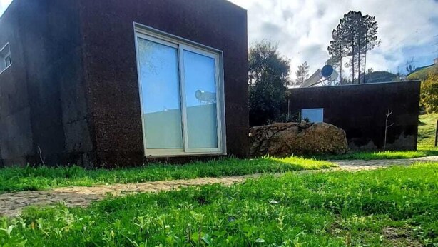 Een modern gebouw met een grote glazen deur, omgeven door weelderig groen gras en een stenen muur.