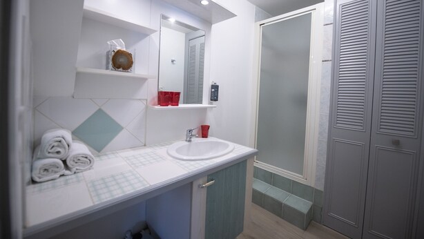 Een badkamer met een wit wastafel, een spiegel en een douche.
