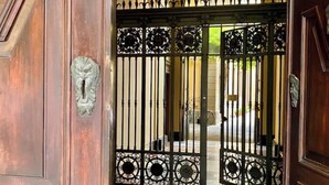 A wooden door with a metal gate featuring decorative patterns.