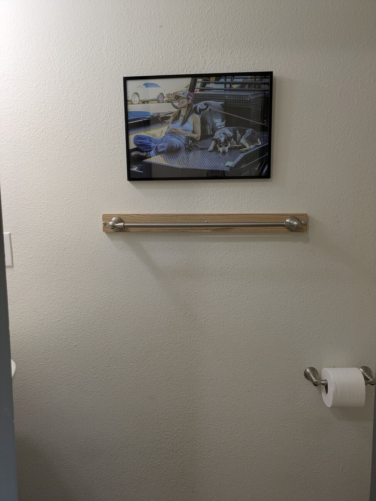 A framed picture of a person and a dog on a table, a towel bar, and a toilet paper holder.