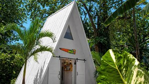 Un bâtiment triangulaire doté d’une porte et d’une petite fenêtre, entouré d’une végétation luxuriante.