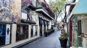 Een smalle straat met boetiekjes en cafés, met terrasjes en plantenbakken.