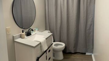 A bathroom with a white sink, a mirror, a toilet, and a shower curtain.