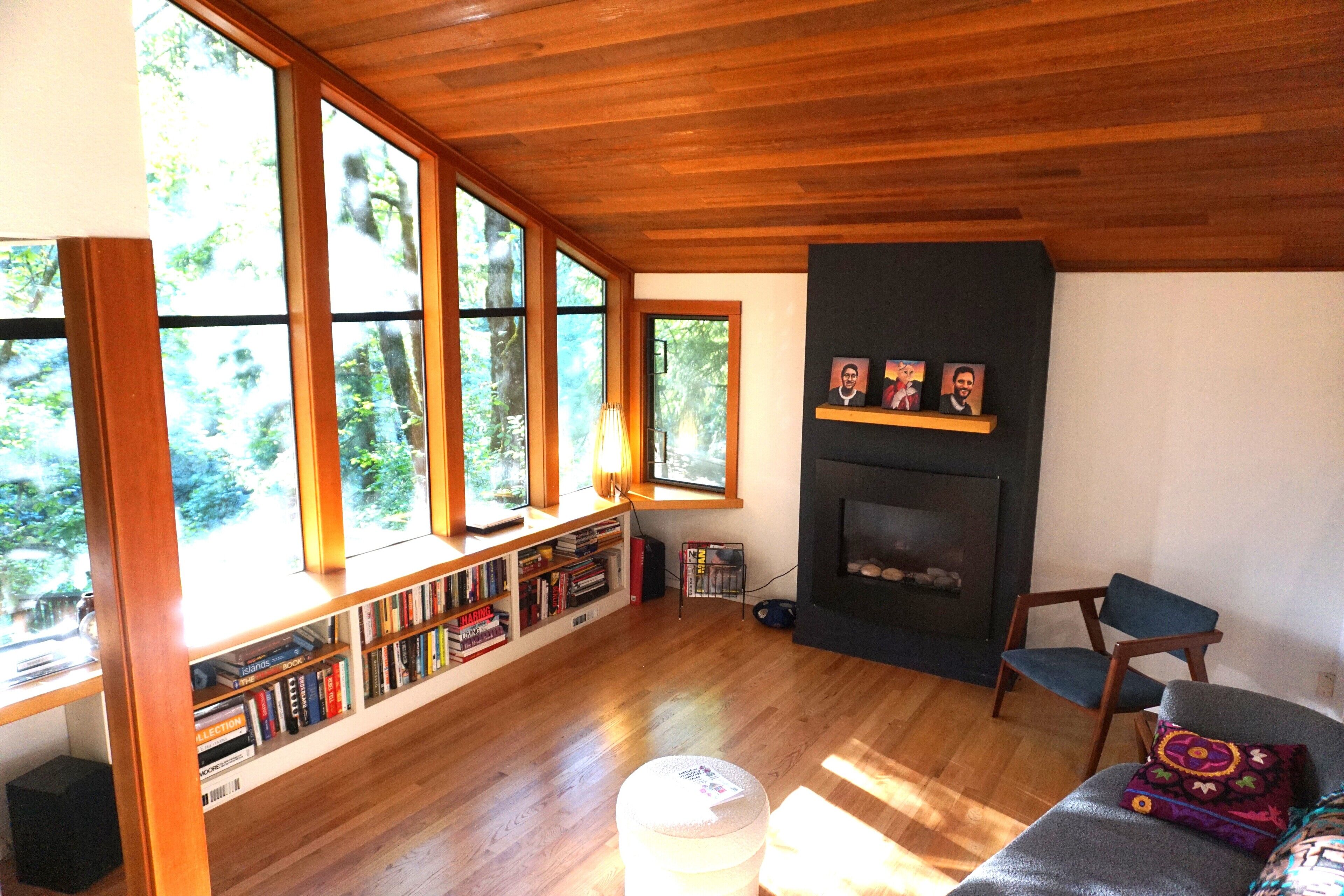 Fireplace, computer monitors