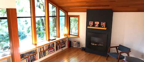 Fireplace, computer monitors