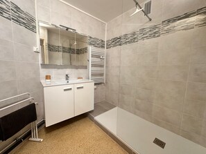 Shower, hair dryer, soap, shampoo