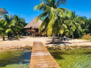 A wooden pathway leading to a thatched-roof building surrounded by palm trees and clear water. - Kin Resort Lodge (Placencia)