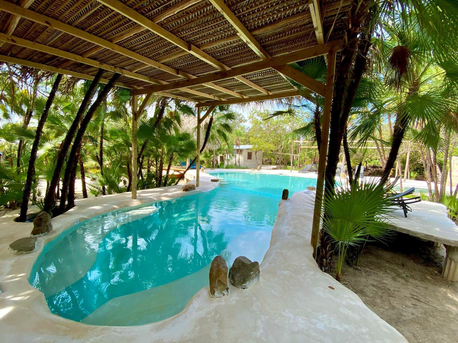 A pool with a thatched roof structure, surrounded by palm trees and rocks.