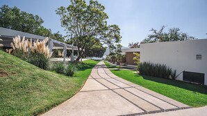 Un chemin menant à un bâtiment à l’architecture moderne, entouré de pelouses et d’arbres bien entretenus.